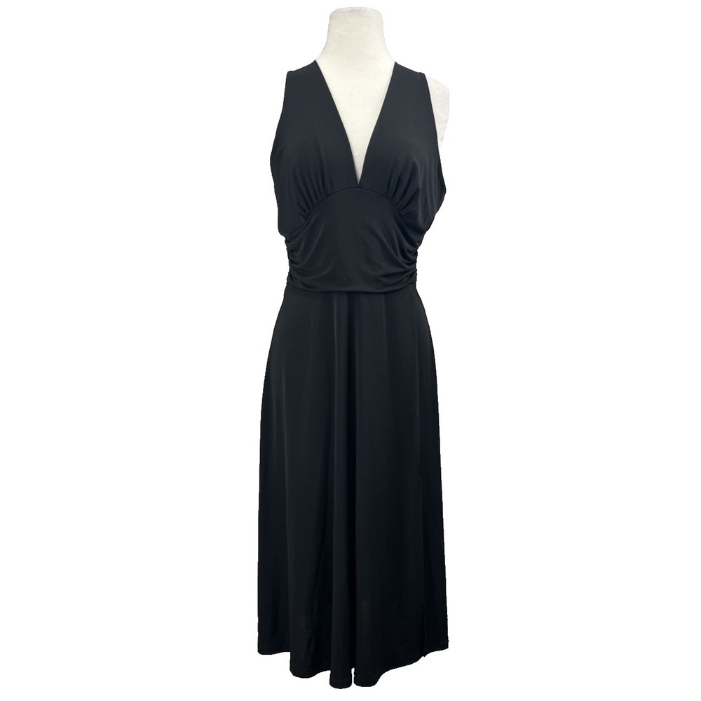 Renee C Deep V Neck Midi Dress Large Black LBD Slinky Slit Womens Cocktail NWOT